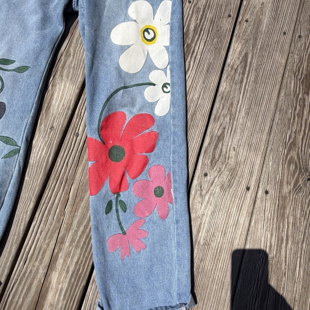 Miss Look Large Hand Painted Floral Denim Overalls Boho Cottagecore Festival - Picture 4 of 7